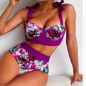 High Waist Bikini Set Swimwear Purple Floral PushUp Underwire Swimsuit Beach (L)